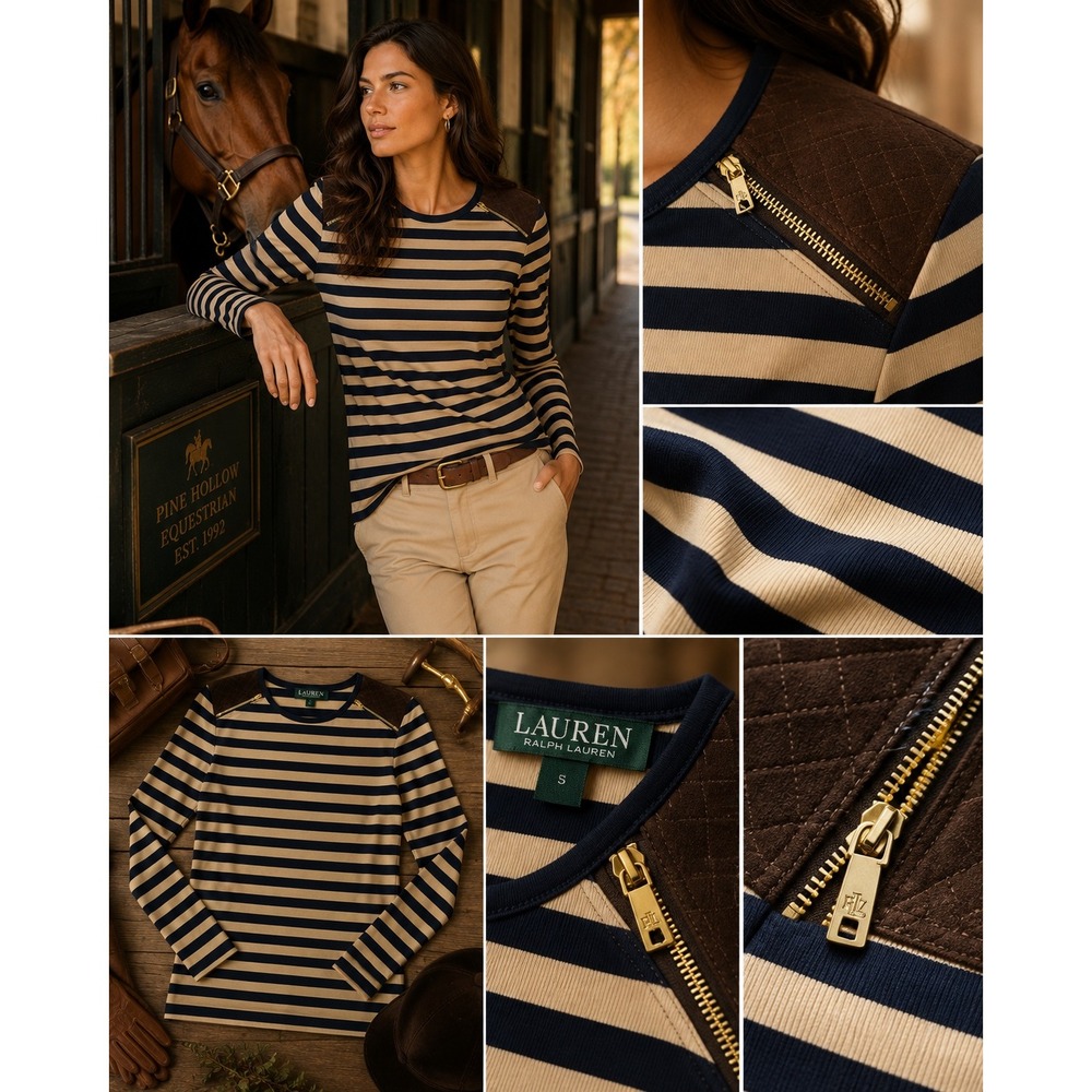 Lauren Ralph Lauren Navy Tan Stripe Faux Suede Shoulder Zip Top S NWT